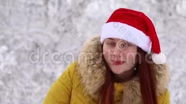穿着<strong>冬暖</strong>夏凉的衣服，戴着圣诞帽的年轻女孩在森林里跳舞，看着镜头背景